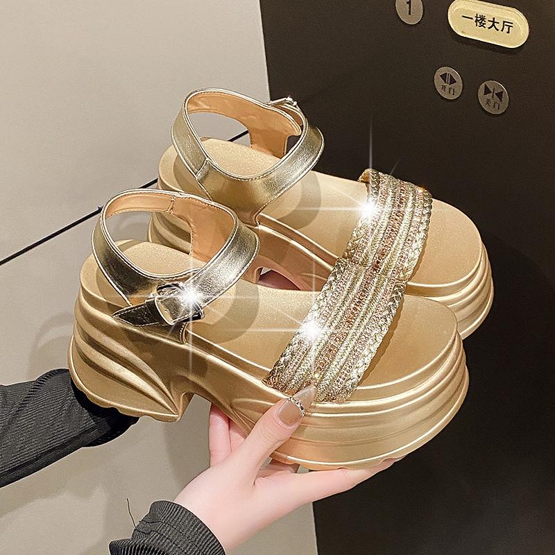 Fashion High Quality Women Retro Platform Sandals Summer Open Toe Slippers Crystal Ladies Lightweight Open Toe Beach Shoes 8CM