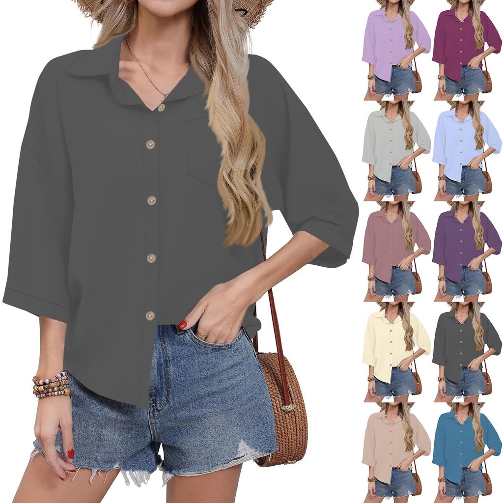 Women's Casual Solid Color Button-down Shirt Three-quarter Sleeve Dress Shirt Lapel Work Shirt With Pockets