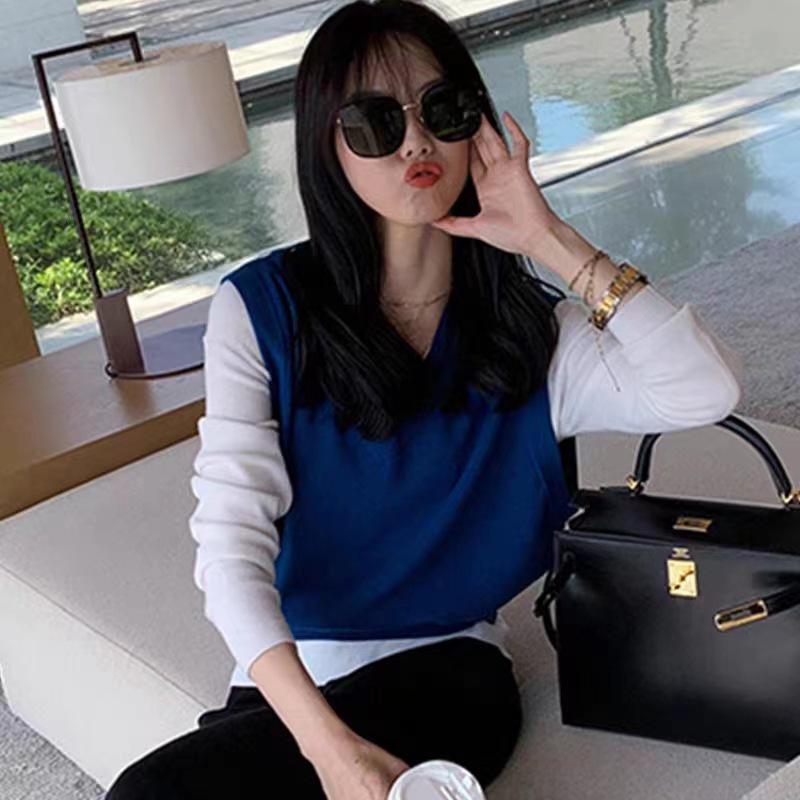 

Женский вязаный топ без рукавов с V-образным вырезом: Повседневный многослойный свитер в корейском стиле One Size синий