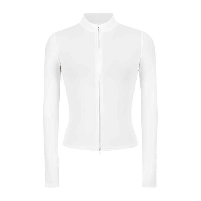 

American Double Zipper Stand-Up Neck Jacket Anti-Strip Waist Pinch Thin Top Women S White S( 40-47.5kg )