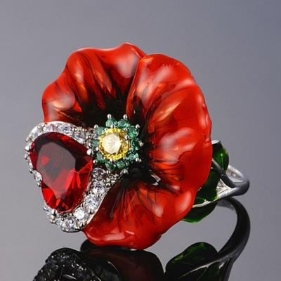 Vrouwen hart faux robijn bloem hanger ring partij sieraden cadeau