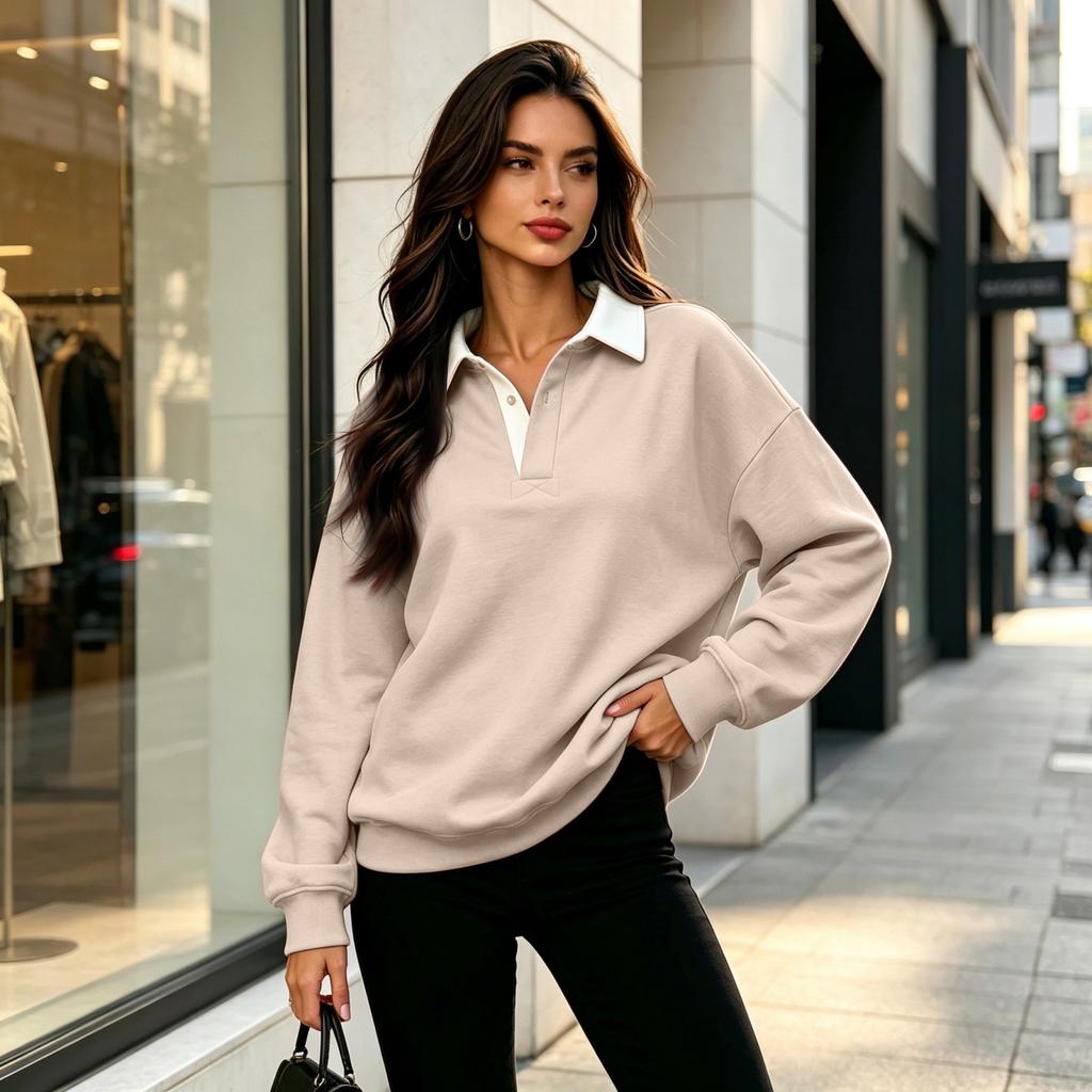 Women's Casual V-Neck Long Sleeve Color Pullover Sweatshirt for Everyday Wear