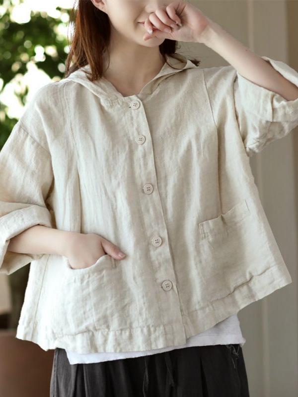 2025 Retro Women’s Cotton Linen Hooded Cardigan - Loose, Thin, Long Sleeve, Sun Protection, Short Jacket for Spring/Summer