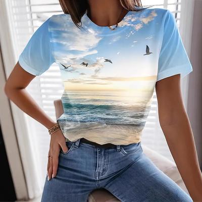 Summer Round Neck 3D Seaside Print Top Fashionable Casual Short Sleeved Women's T-shirts