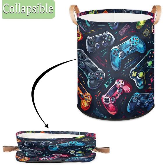 Bardic Large Laundry Basket Gaming Theme Laundry Hamper with Leather Handle, Game Controller Collapsible Organizer Basket Freestanding Tall Clothes