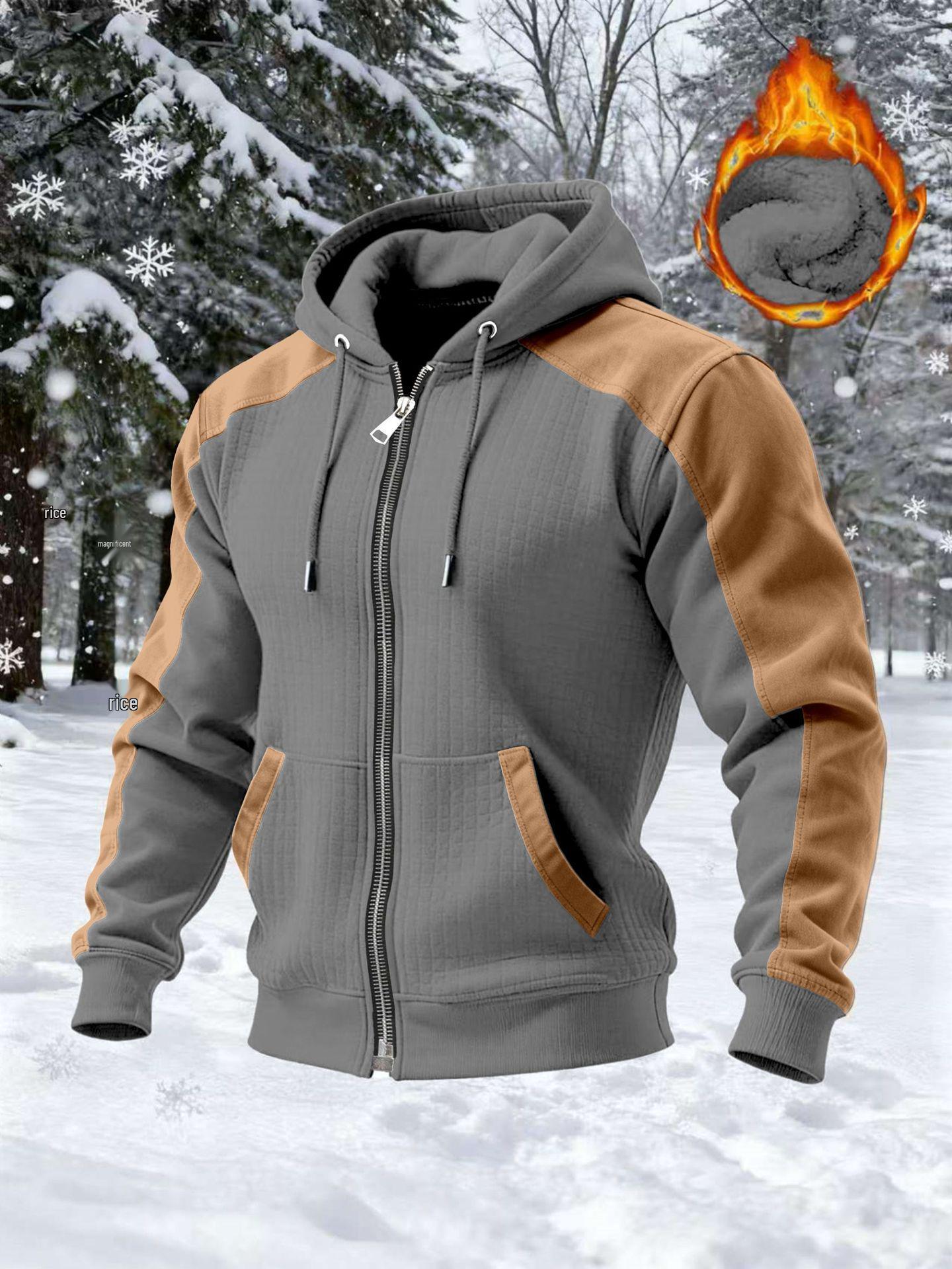 

Мужская двухслойная толстовка на молнии с капюшоном в клетку с флисовой подкладкой для осени/зимы XXXL светло-серый