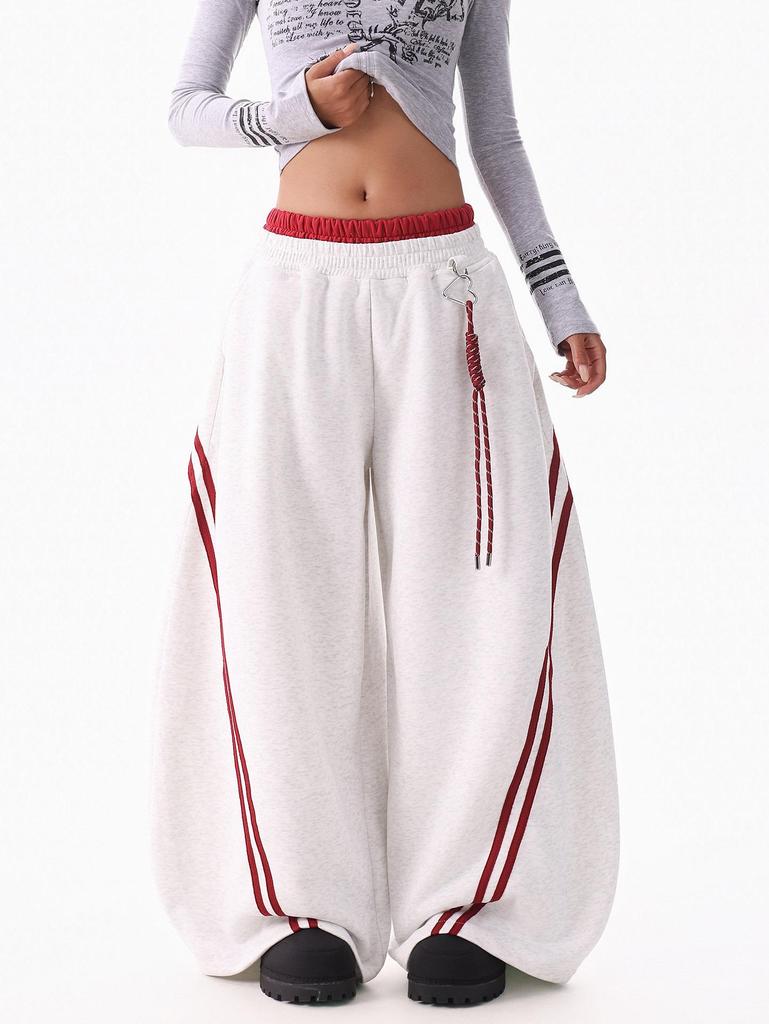 Women's Hip Hop Color Block Striped Sweatpants - Double Waistband, Baggy Fit for Spring/Autumn