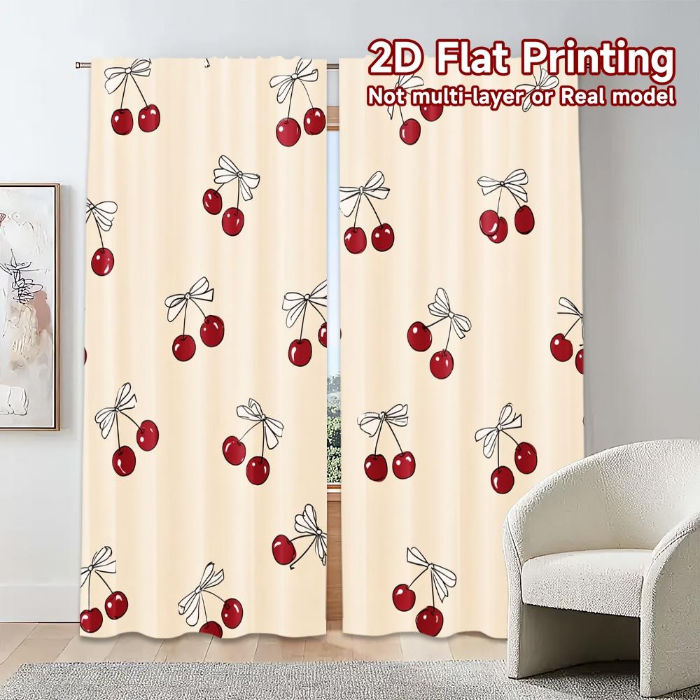 2pcs,Curtains Cherries and Bows Repeating Chic Contemporary Curtains Versatile Durable Polyester Curtains Decorations Outdoor
