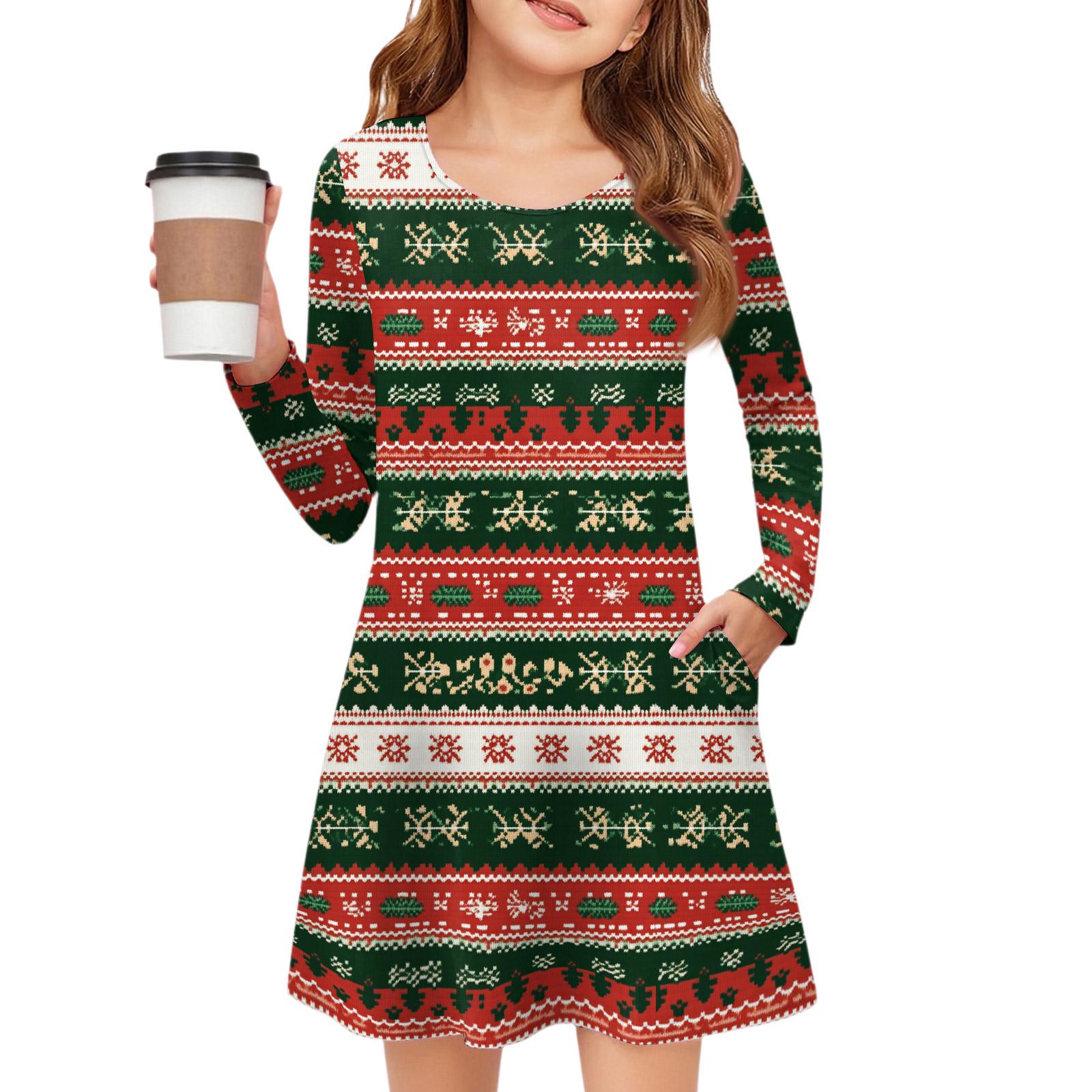 

Christmas Day Girls Long Sleeve Dress - Color Pocket Dress 150 зелёный