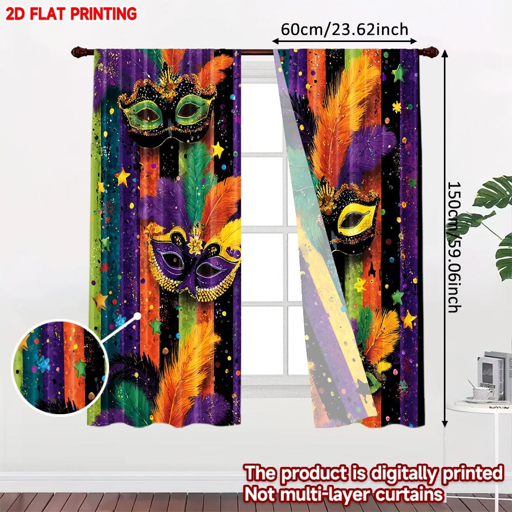 2D flat printing 2pcs Curtain Window Curtains Mardi Gras Masks Feathers Digital Printed Polyester Drapes Party Decorations
