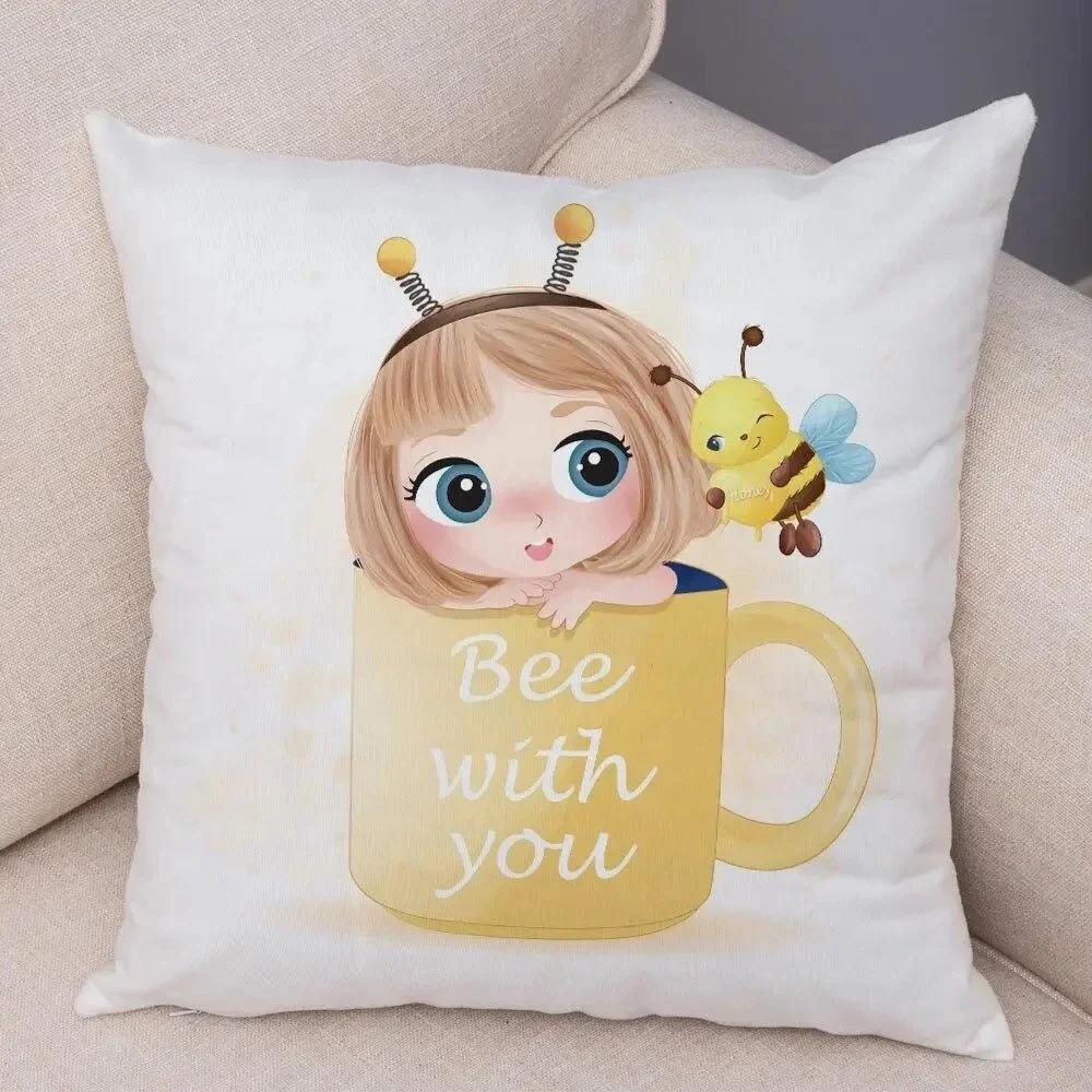 Cute Girl and Cat Pillowcase Decor Cartooncute Children Cushion Cover for Sofa Home Super Soft Peach Skin Pillow Case 45x45cm