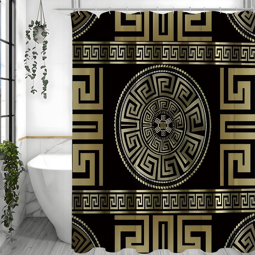 Vintage Black and Gold Greek Return Meander Shower Curtain, Bathroom Decorative Shower Curtain, Waterproof Shower Curtain with H