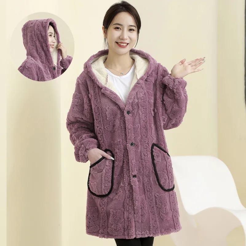 Coat Plush for Women Fleece Thickened Winter Double Layer Windbreaker Oversize Casual Hooded Jacket