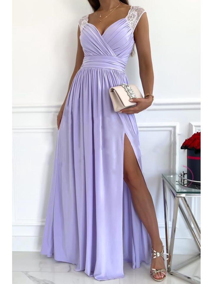 Europäischer und Amerikanischer Stil Ärmellos Spitze Rückenfrei Saumschlitz Damenkleid