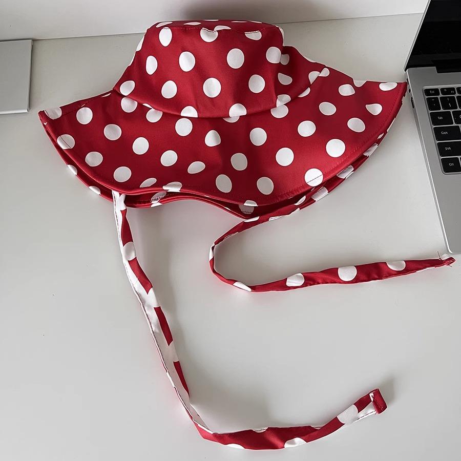 Sweet and Cute Polka Dot Tie-up Red Bucket Hat for Women, New Summer Vintage French Street Sun Shade Hat with Large Brim