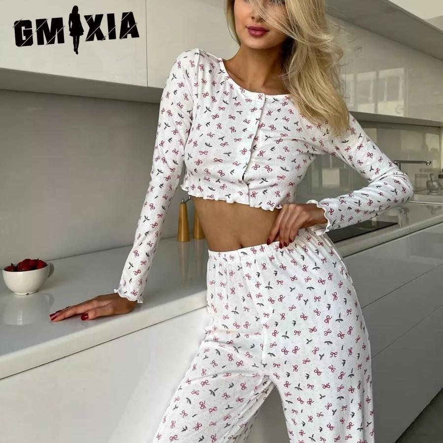 GMXIA Autumn/Winter Knitted Designer Cotton Printed Long Sleeve Trouser Set