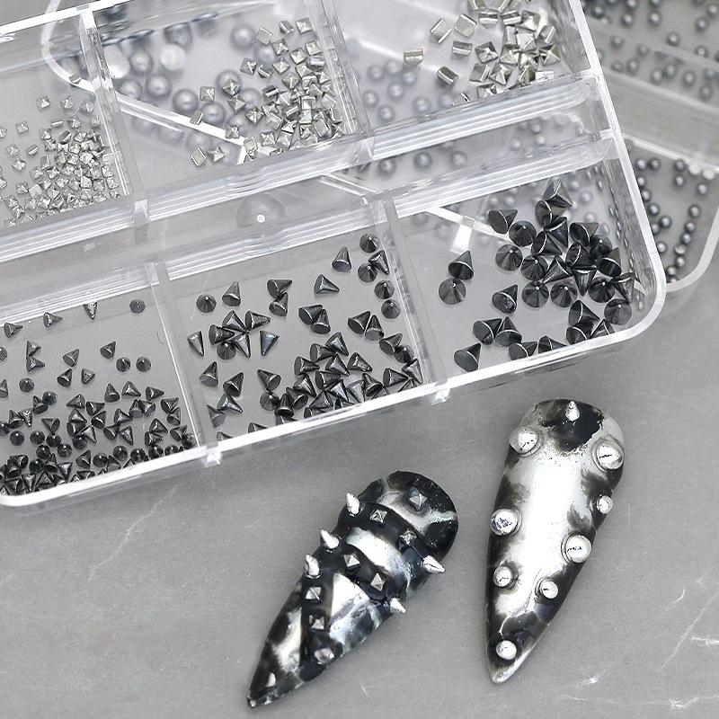 6 Grids Punk Nail Rivets Silver Gold Black Mixed Size Metal Bead Studs Round Cone Nail Art Charms Nail Parts Diy Decoration