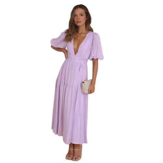 Women's Bohemian Long Dress Deep V Neck Puff Short Sleeve Swing Dress Summer Tiered Flowy A Line Midi Dress