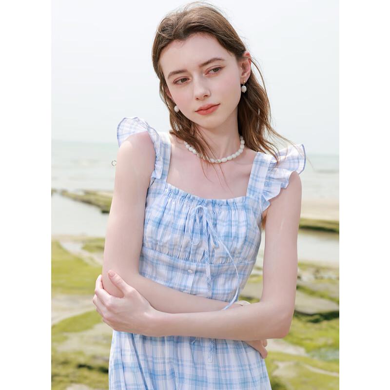 Sancai Women's Square Neck Plaid A-Line Maxi Dress