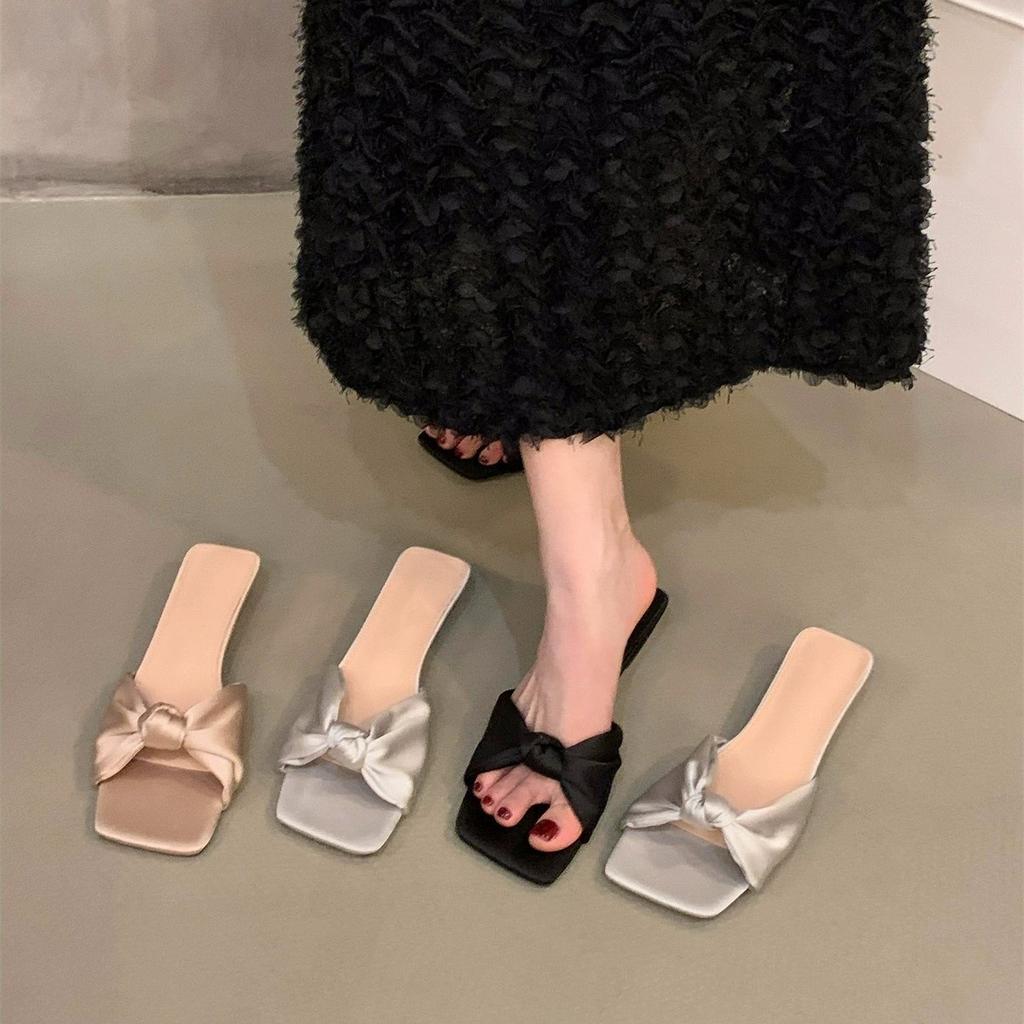 Thick heel gentle bow French small cool slippers fairy shoes wear 2025 new summer with skirt sandals