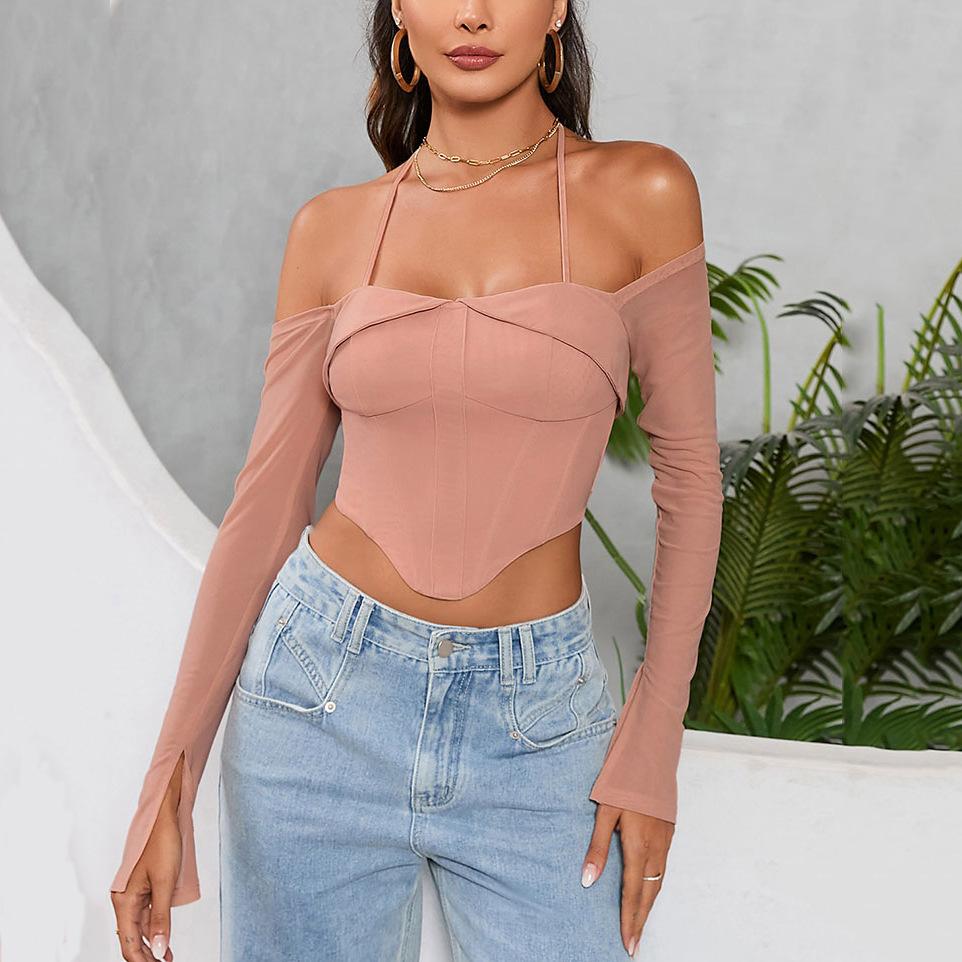 European and American Sexy Mesh Lace-up One-word Shoulder Long-sleeved Top, Women's Clothing Neck-hanging See-through Horn-sleeved Top