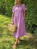Women Striped Shirt Dress Short Sleeve Lapel Casual Midi Dress with Asymmetric Hem