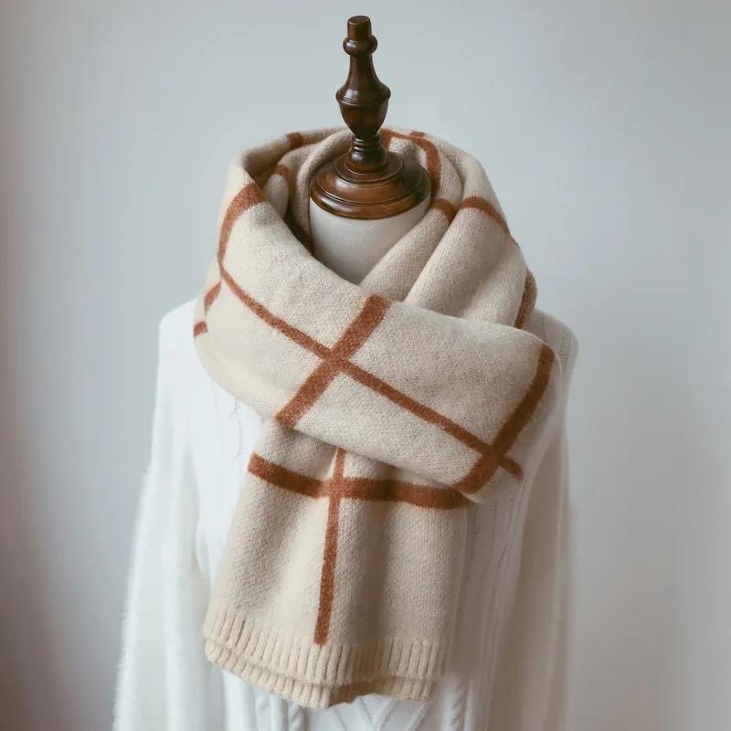 

Женский зимний шерстяной шарф, модный клетчатый двусторонний утепленный корейский дикий парный вязаный шарф, шаль бежевый