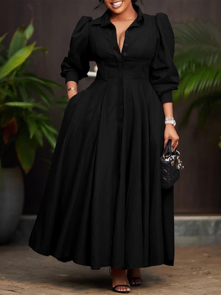 D570 Elegant Women's Long Sleeve Swing Shirt Dress, Solid Color Mid-Length African Style