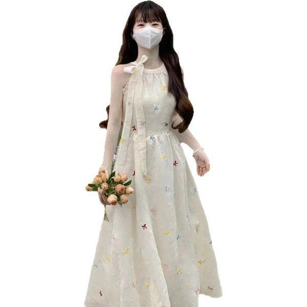 Women's Summer 2024 Floral Halter Apricot Maxi Dress for Beach Vacations – Waist-Slimming Design