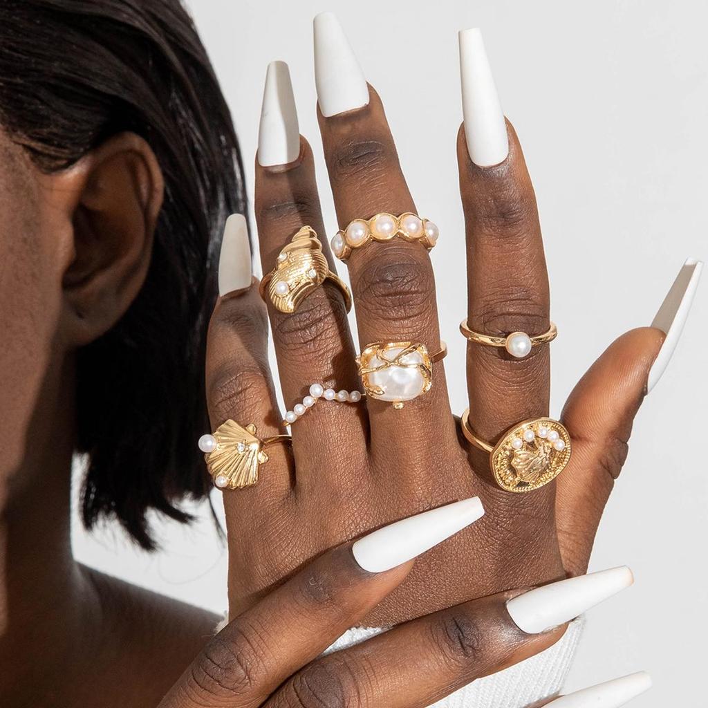 European & American Geometric Baroque Imitation Pearl Ring Set - Sweet And Cool Ins Style Glossy Conch Scallop Metal Ring Women's Jewelry