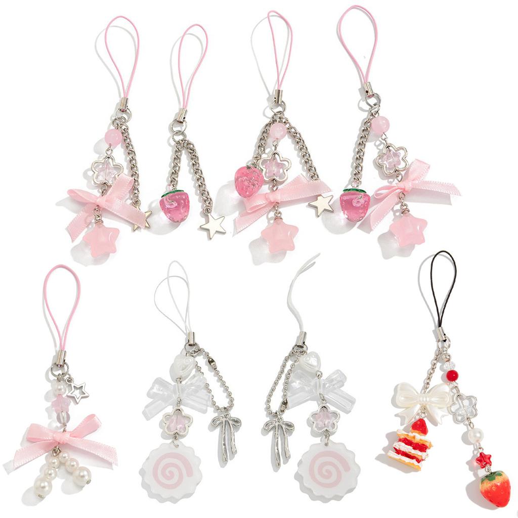 Sweet Bow Strawberry Pendant Keychain, Creative Lollipop Star Mobile Phone Chain Lanyard