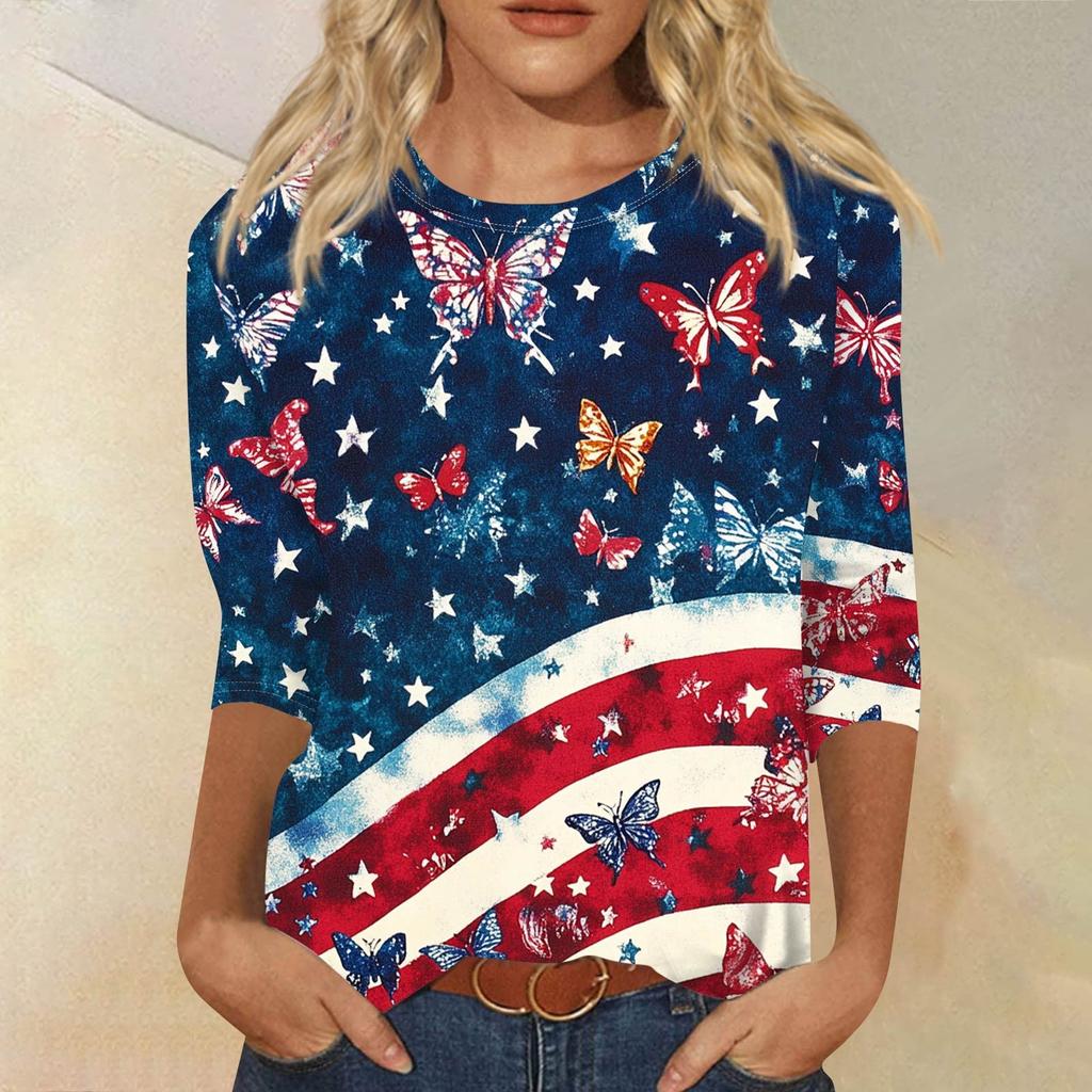 Dammode avslappnad rund hals 3/4 ärm lös tryckt T-shirt dam topp