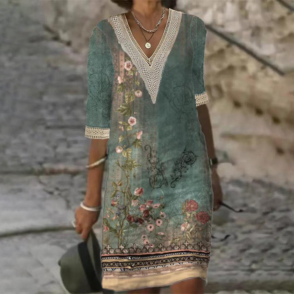 Women's Fashion Summer Spring 2/1 Sleeve V-Neck Casual Dresses