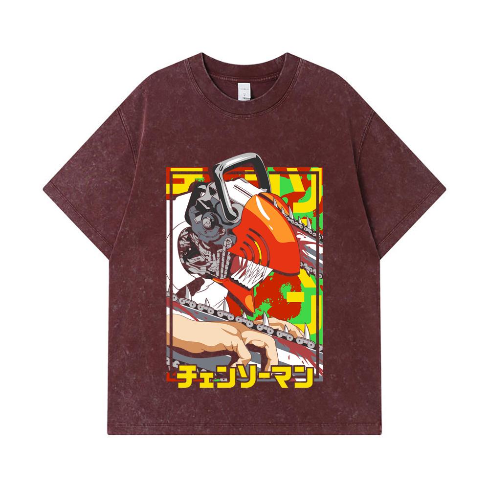 275 GSM Washed T-shirts 100% Cotton Chainsaw Man V5 Denji Print Unisex Heavy Cotton T Shirt