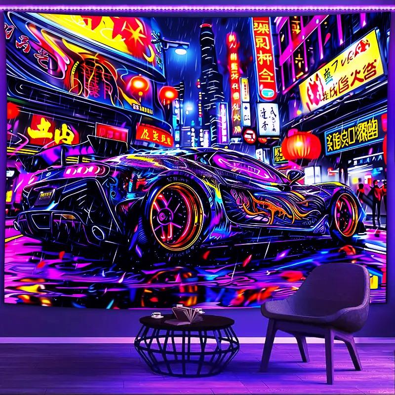 Cyberpunk Sports Car Neon Tapestry: Futuristic Street Glow,UV tapestry wall hanging bedroom home party decoration 100X70CM