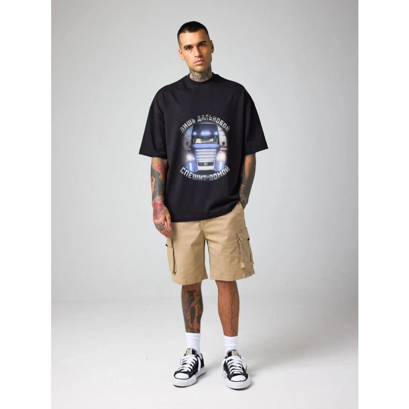 White T-Shirt Men Casual Oversized Graphic Print Truck Design Russian Text Streetwear Fashion Summer Top
