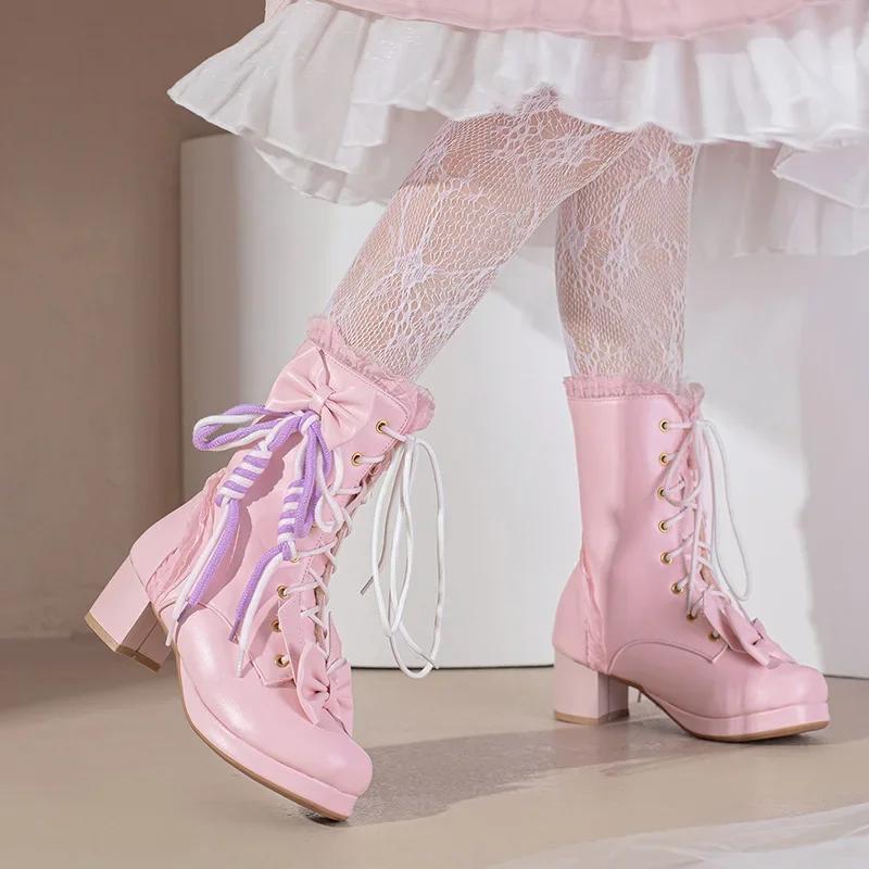 

Женские ботинки Лолита Принцесса с бантом и кисточками на платформе и среднем каблуке, короткие ботинки, женские модные ботинки, зимняя резиновая подошва 43 розовый