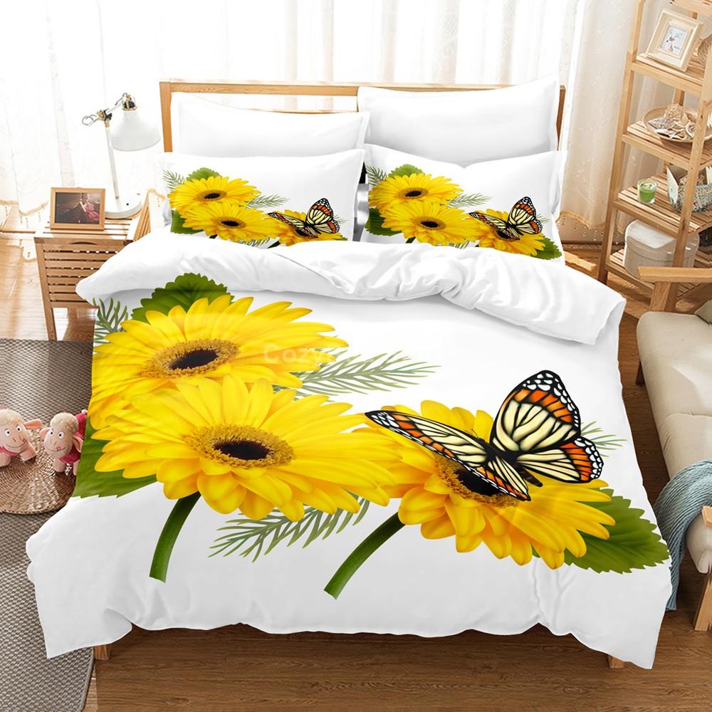 Daisy King Queen Duvet Cover Flowers Butterfly Bedding Set For Kids Teens Adults White Floral Theme 2/3pcs Polyester Quilt Cover