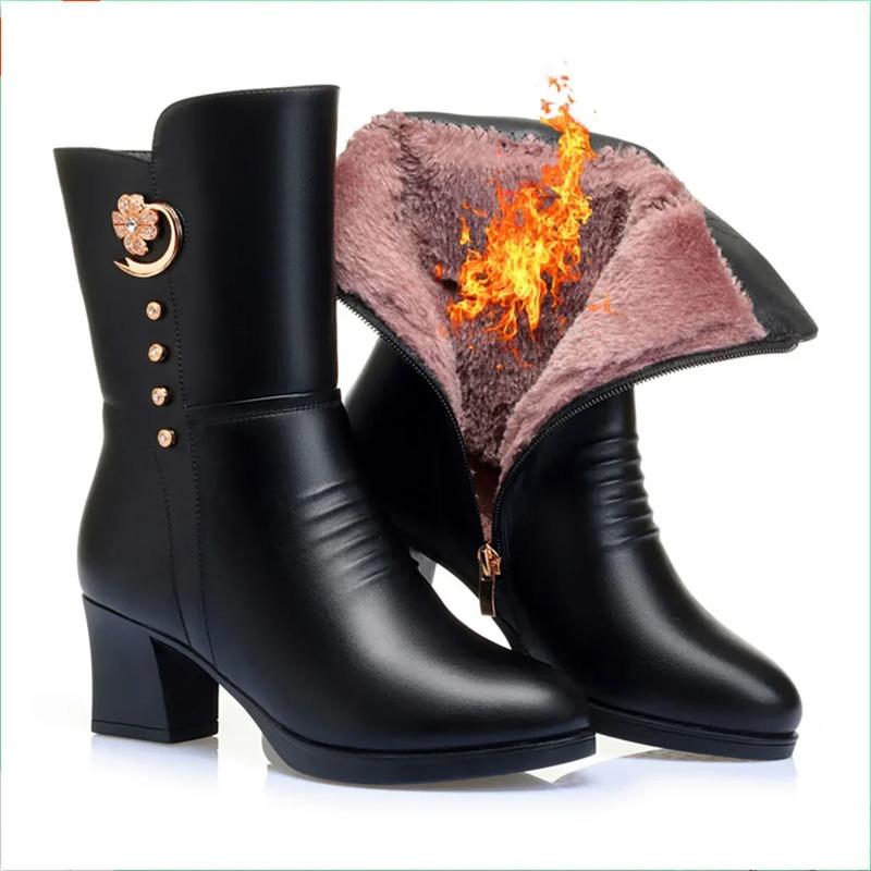 Quality Women's Ankle Boots Fashion Thick High Heels Mid-calf Leather Boots Thicke Plush Warm Cotton Boot Winter Boots for Women