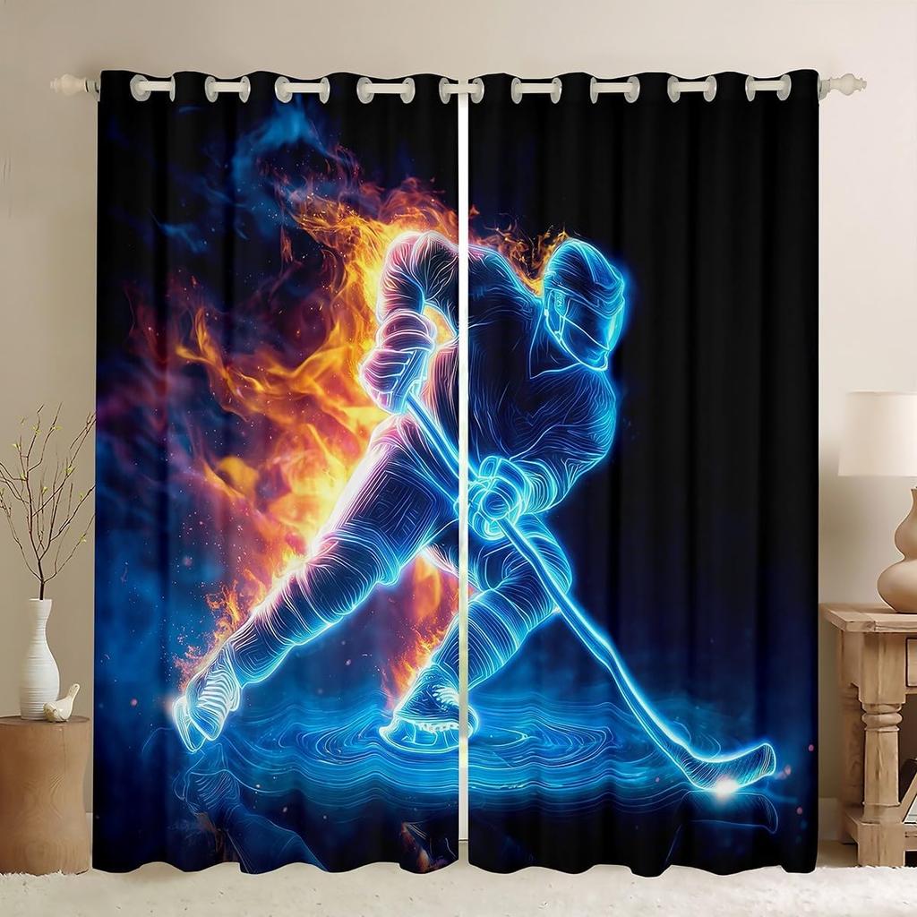 Ice Hockey Curtain Player Window Treatment Curtains Boys Teens Girls Room Winter Sports Game Event Made Of Polyester Washable