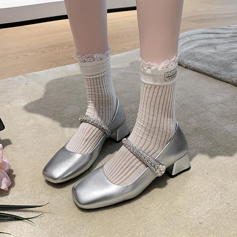 

Fashion Beaded Mid-heel Single Shoes Autumn New Square Toe Shallow Mouth One-band Soft Sole Non-slip Block Heel Shoes 35 серебряный
