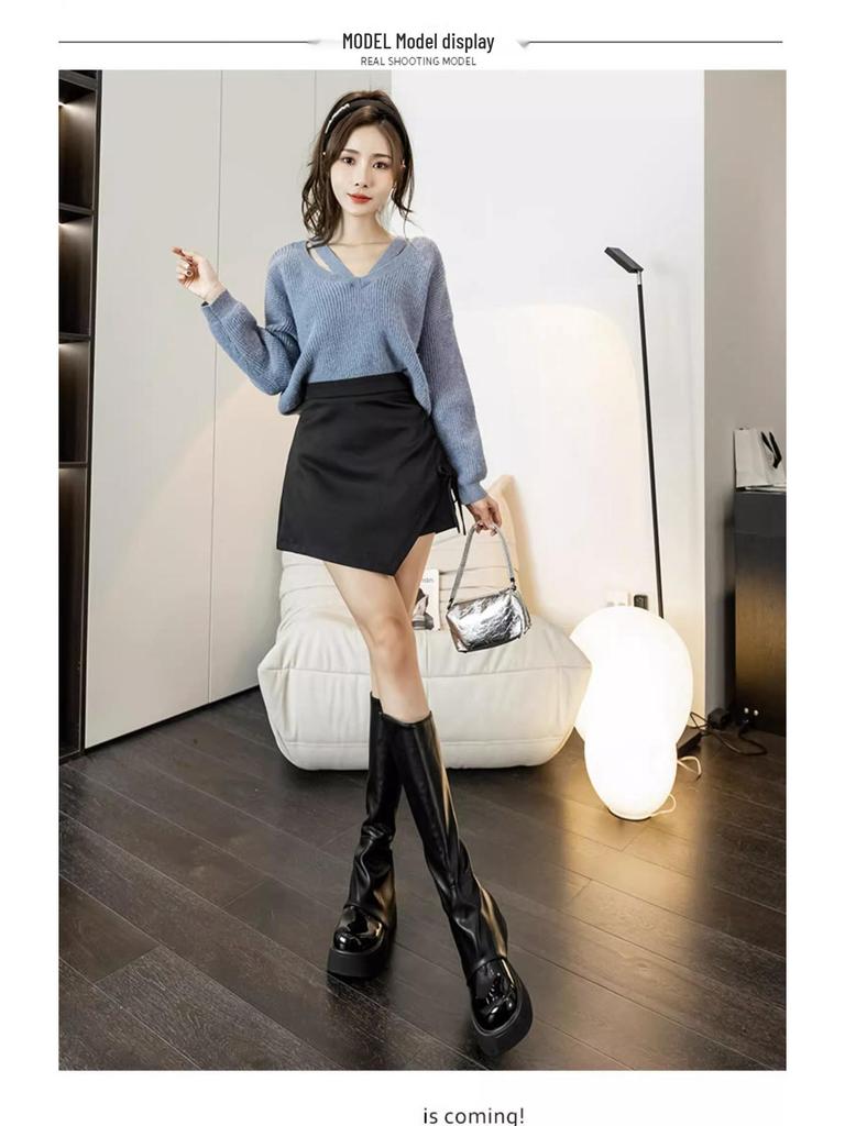 A-line Pleated Irregular Midi Culottes Skirt, High Waist, Slimming, Hip-Hugging, Women's Spring/Autumn 2024
