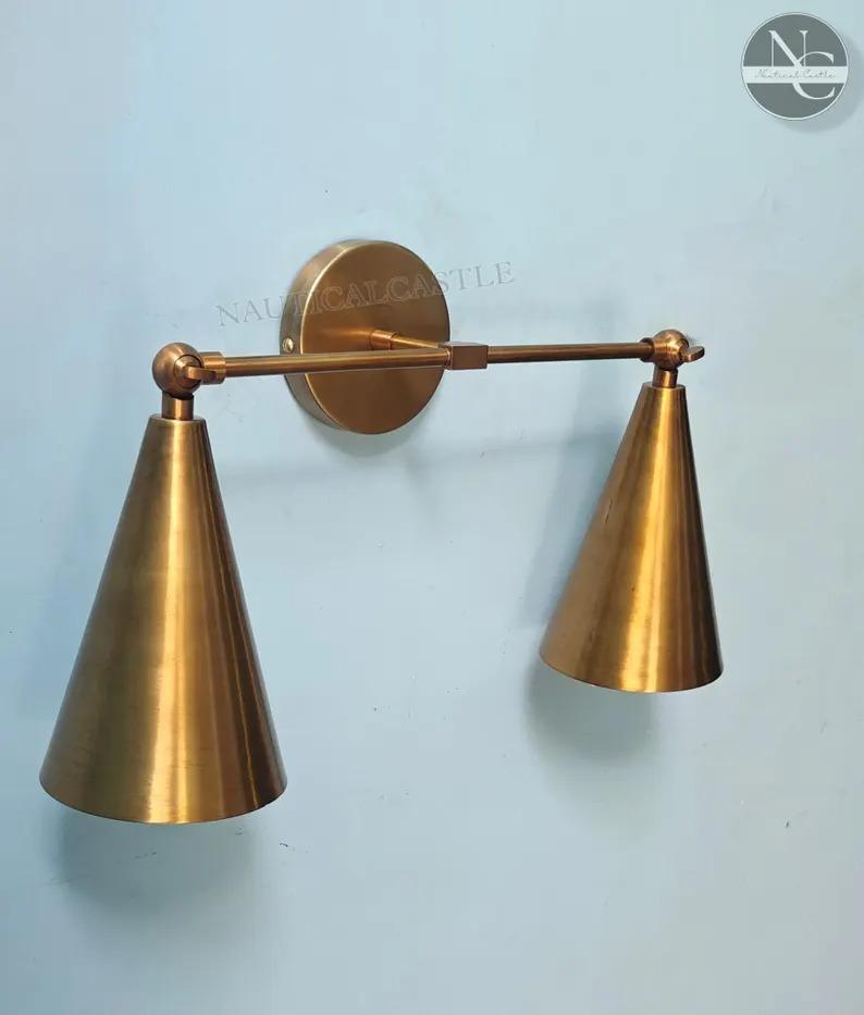 Handcrafted 1950s Mid Century Modern 2 Cone Raw Brass Finish Italian Wall Lamps Fixtures
