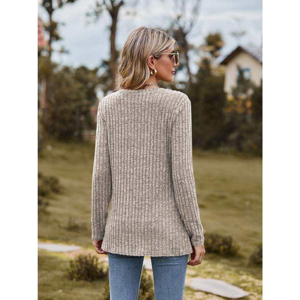 GMXIA Autumn Women's Round Neck Frosted Pit Strip Solid Color Top Long Sleeve T-shirt