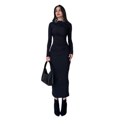 Women's Solid Color Long Sleeve Round Neck Slim Fit Long Dress Clothes Sale