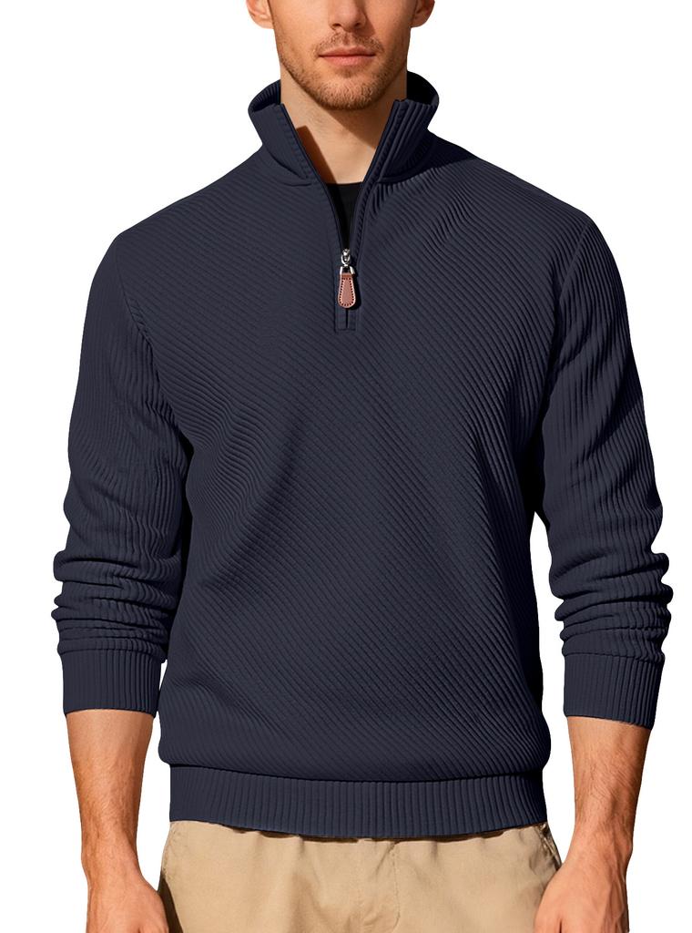 Men's Twill Jacquard Ribbed Half Zip Sweatshirt, Long Sleeve Stand Collar Sport Casual Trendy Pullover Hoodie for Autumn Winter