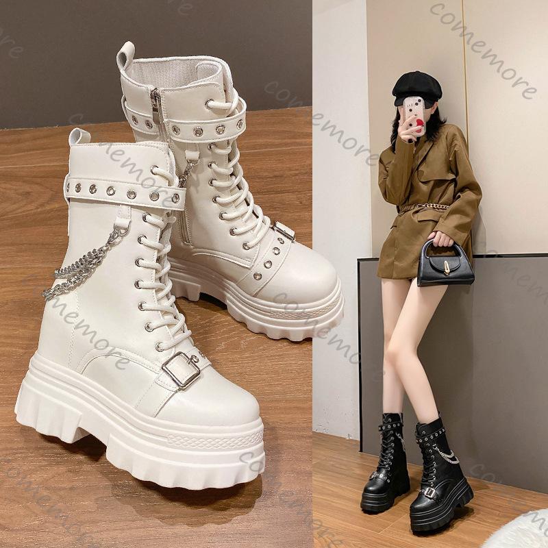 Fashion Comemore Thick Bottom Knight Boots Fashion Chunky High Heeled Women Shoes Wedge Buckle Rivet Platform Motorcycle Ankle Boots