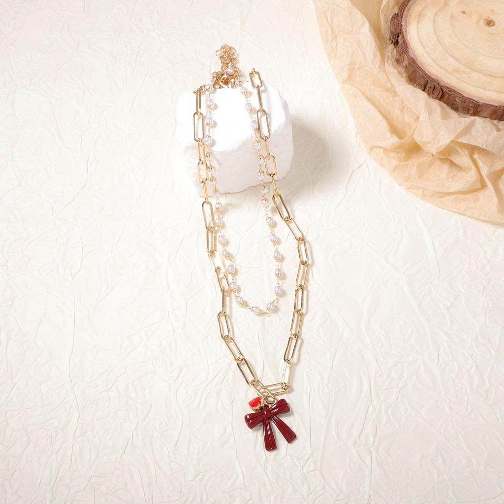 Korean version of simple, fashionable and fresh temperament double-layer stacked chain imitation pearl niche design necklace versatile daily