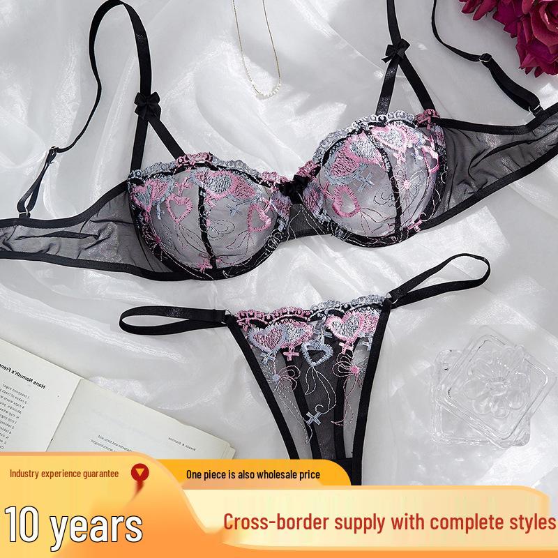 Pink & Black Sexy Floral Embroidered Mesh Lingerie Set - Sheer Bra & Thong Two-Piece