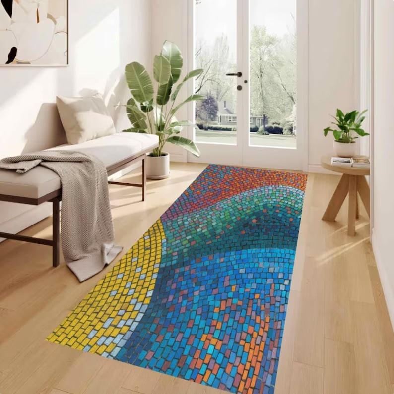 Visual Stereoscopic Geometric Printing Runner Rug Colorful Square Floor Mat Entrance Bedside Sofa Carpet Home Decoration